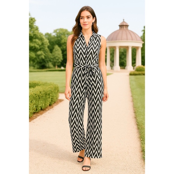 Donna Morgan Womens Black White Chevron Wide Leg Collared Jumpsuit Size 8 Work - Picture 1 of 13